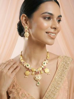 ADIVA - Women Multi-Color Gold-Plated Ruby Stone Enamel Traditional Jewellery Set