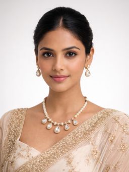 Odette - Women White Alloy Pearl & Stone Jewellery Set