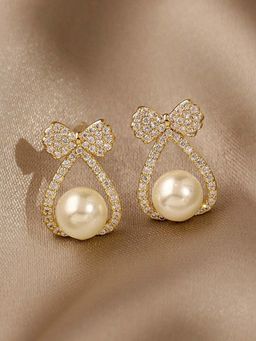 Stol'N - Women White Fashion Gold Metal Diamond Bow Pearl Drop Earrings