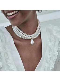 Stol'N - Women White Round Pearl Beaded Multi-Layer Necklace