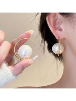 Stol'N - Women White Golden C-Shaped Alloy Pearl Hoops Earrings