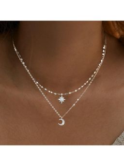 Stol'N - Women White Metal Diamond Star & Moon Double Necklace
