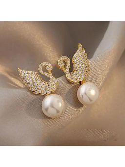 Stol'N - Women White Gold Diamond Swan Pearl Alloy Diamond Drop Earrings