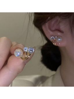 Stol'N - Women White Gold Mermaid Alloy Diamond Pearl Stud Earrings