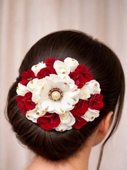 Accessher - Women Multi-Color White Artificial Flower Bridal Juda Bun Hair Accessory