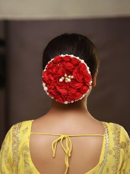 Accessher - Women Red Floral Hair Gajra Juda Bun Accessory