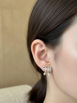 Accessher - Women White Gold-Tone Rhinestone Bow Korean Stud Earrings