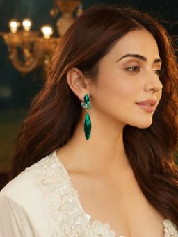 Accessher - Women Gold-Tone Green Crystal Leaf Dangle Earrings