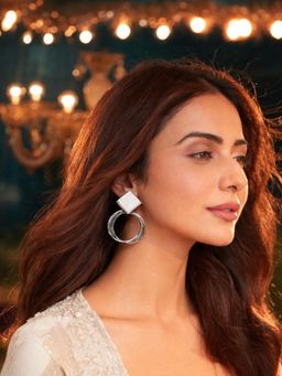 Accessher - Women Silver-Tone White Enamel Geometric Drop Earrings
