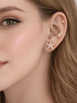 Accessher - Women White Gold-Tone Rhinestone Star Stud Earrings (Pack of 3)