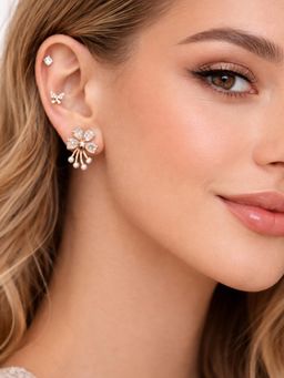 Accessher - Women White Gold-Tone Crystal Korean Stud Earrings (Pack of 3)