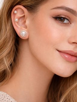 Accessher - Women White Gold-Tone Faux Pearl Stud Earrings (Pack of 3)