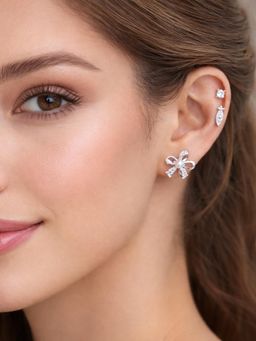 Accessher - Women White Silver-Tone Faux Pearl Korean Stud Earrings (Pack of 3)