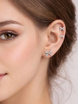 Accessher - Women White Silver-Tone Rhinestone Bow Stud Earrings (Pack of 3)