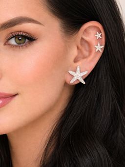 Accessher - Women White Silver-Tone Rhinestone Star Stud Earrings (Pack of 3)