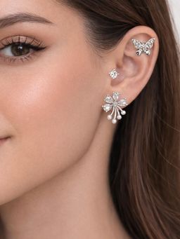 Accessher - Women White Silver-Tone Crystal Korean Stud Earrings (Pack of 3)