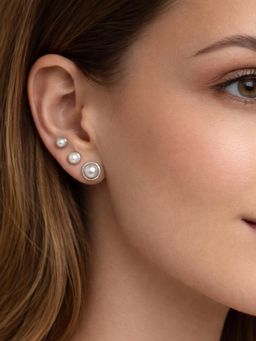 Accessher - Women White Silver-Tone Pearl Stud Earrings (Pack of 3)