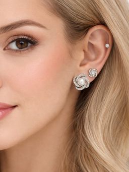 Accessher - Women White Silver-Tone Pearl Floral Stud Earrings (Pack of 3)