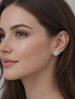 Accessher - Women White Silver-Plated Rhinestone Flower Stud Earrings
