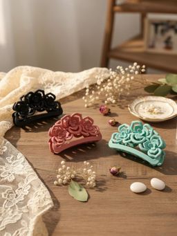 Accessher - Women Multi-Color Matte Flower Hair Claw Clips (Pack of 3)