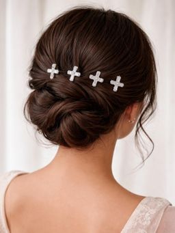 Accessher - Women Silver-Tone White Crystal Floral U-Shape Juda Pins (Pack of 4) (Pack of 4)