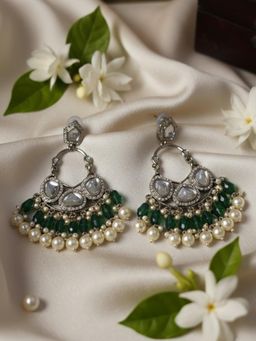 STILEADDA - Women Green Handmade Mirror Work Chandbali Earrings