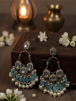 STILEADDA - Women Light Blue Handmade Mirror Work Chandbali Earrings