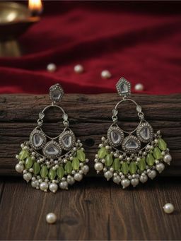 STILEADDA - Women Light Green Handmade Mirror Work Chandbali Earrings