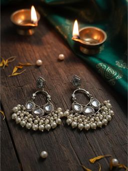 STILEADDA - Women White Handmade Mirror Work Chandbali Earrings
