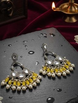 STILEADDA - Women Yellow Handmade Mirror Work Chandbali Earrings