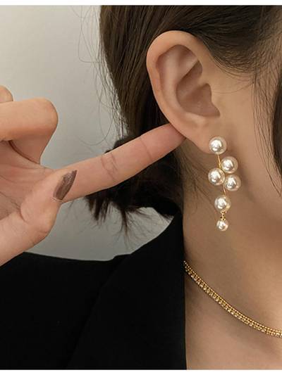 Women White Fashion Gold Pearl Grape Cluster Earrings