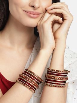 Peora - Women Gold Plated Maroon Stone Chuda Chura Bangles (Pack of 34) (2.6)