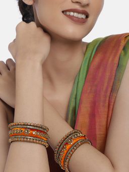 Peora - Women Gold Plated Orange Kundan Silk Thread Bangles (Pack of 10) (2.6)