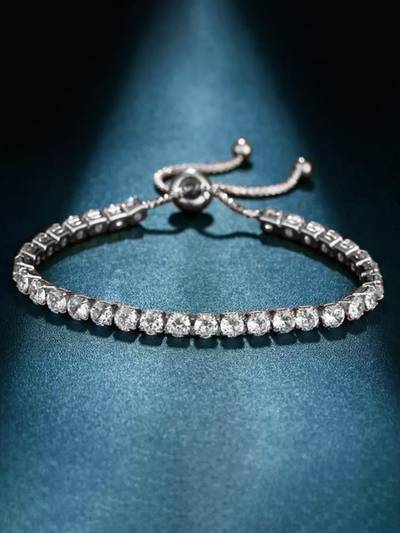 Women White Silver Plated Cz Studded Adjustable Tennis Bracelet