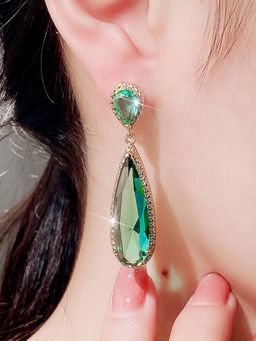 Peora - Women Green Crystal Studded Gold Plated Dangle Earrings