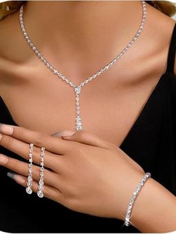 Peora - Women White Silver Plated Crystal Studded Jewellery Set