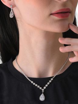 Peora - Women White Silver Plated Crystal & Cz Studded Jewellery Set