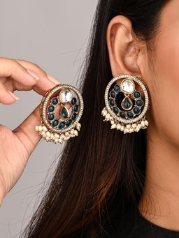 Anvik - Women Blue Regal Kundan Pearl Drop Earrings