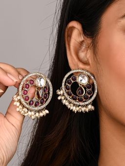 Anvik - Women Pink Regal Kundan Pearl Drop Earrings