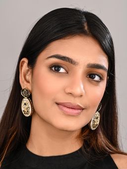 Anvik - Women Black Mop Meenakari Floral Drop Earrings