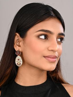 Anvik - Women Red Mop Meenakari Floral Drop Earrings
