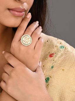 Anvik - Women White Brass Kundan Halo Pearl-Edge Ring
