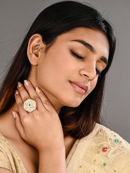 Anvik - Women White Hexagon Floral Kundan Pearl Brass Ring