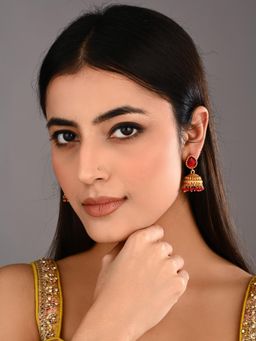 Anvik - Women Red Gold Plated Jhumka Earrings
