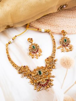 STILEADDA - Women Multi-Color Classic South Indian Temple Golden Jewellery Set