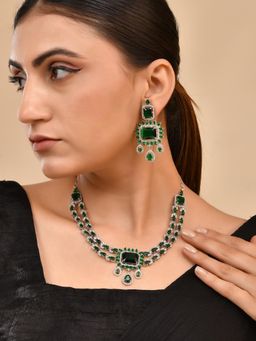 Silvermerc Designs - Women Green Cz Stone American Diamond Statement Jewellery Set