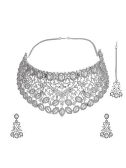 Silvermerc Designs - Women White American Diamond Bridal Choker Jewellery Set