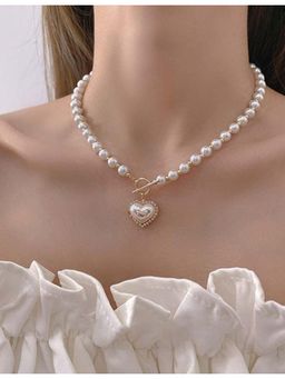 Stol'N - Women White Love Pearl Beaded Heart Buckle Necklace