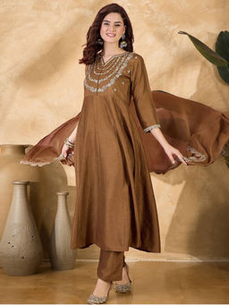 Dayaachi - Women Brown Anarkali Kurta & Pant With Embroidered Dupatta