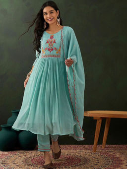 Dayaachi - Women Aqua Anarkali Kurta & Pant With Embroidered Dupatta